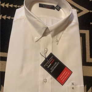 Men’s white button up long sleeve shirt.